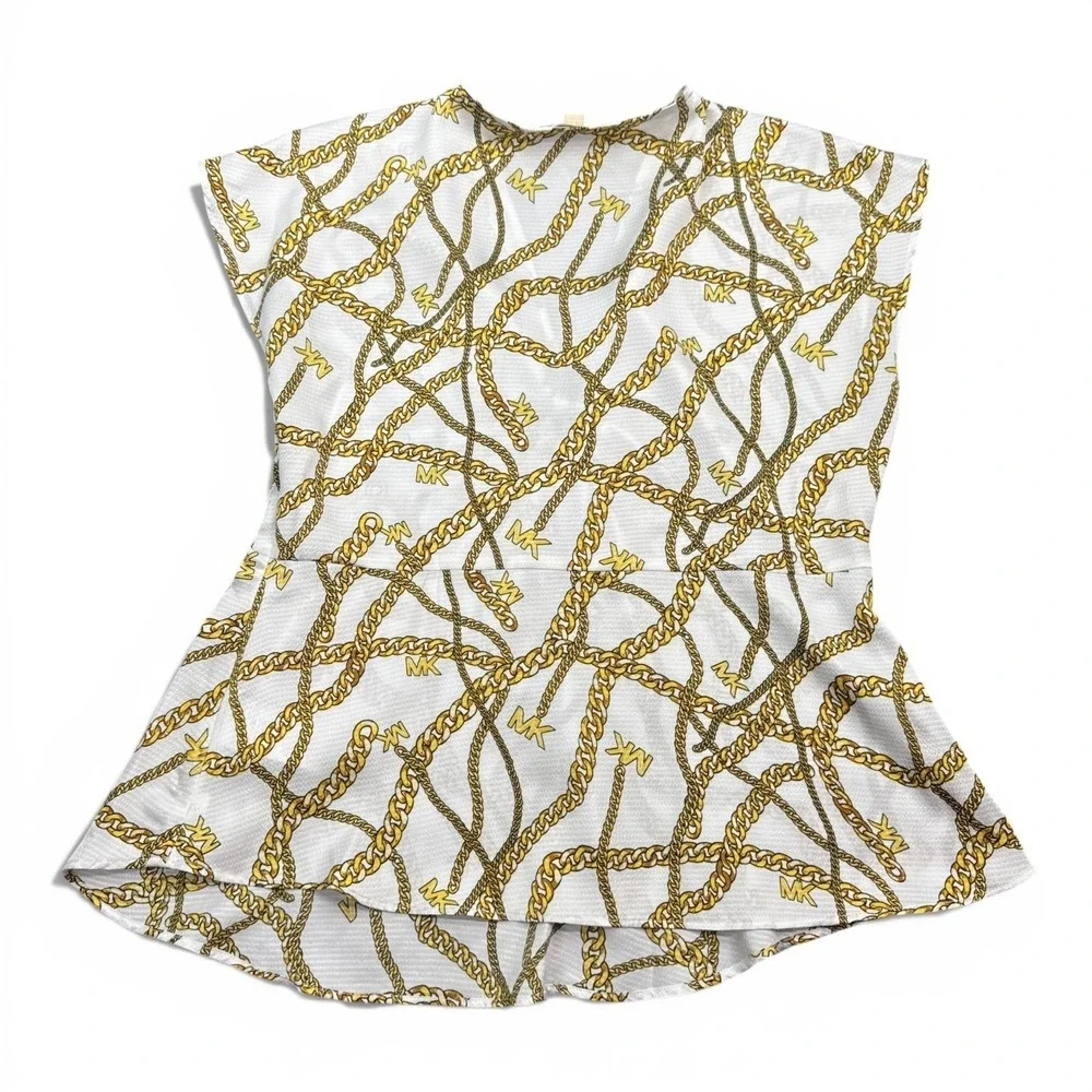 Michael Kors MK‎ Chain Logo AOP Blouse Top Womens Size Small White Gold